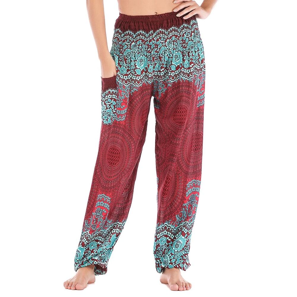 Boho Harem Pants Smocked Waist Hippie Yoga Gypsy Mandala Rayon Maroon Teal